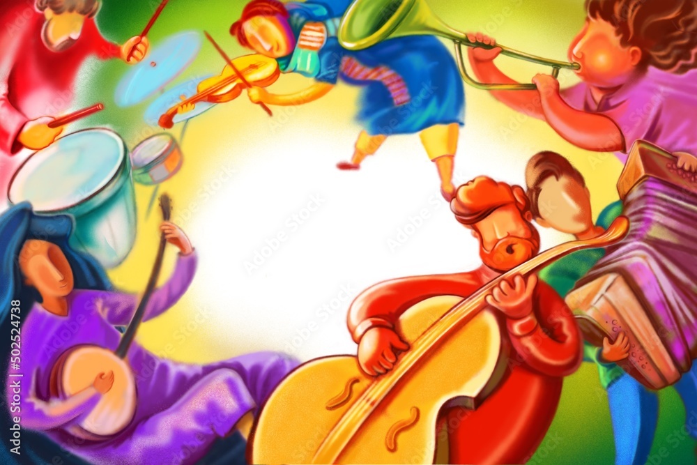 background with people,a group of people standing around the place for the text, dressed in colorful clothes, play accordion, trumpet, violin, drums, contrabass, guitar and sing