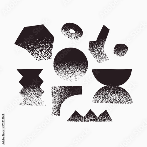 Collection of abstract graphic shapes with noisy gradient effect. Dark shapes and objects. Elements of minimalism in style of modern art. Vector illustration for your design in flat style.