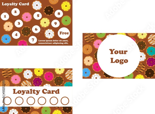 Donut loyalty card template. Buy 9 and enjoy the 10 for free. Vector template. Free donut