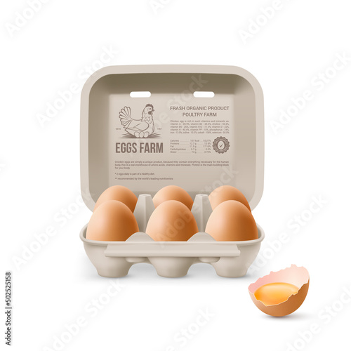 Fresh Organic Brown Chicken Eggs in Open Carton Pack, or Egg Container Isolated on White Background. Six Large Eggs from Eggs Farm in Brand Pack