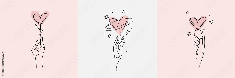Set of female icons for beauty salon, self love concept. Continius line art hand and heart, aesthetic symbol, logo, tattoo. Vector illustration isolated on white background. - obrazy, fototapety, plakaty 