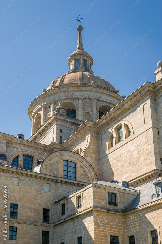 Royal Monastery of San Lorenzo de El Escorial. Dome rear view. Located in the Community of Madrid, Spain, in the town of El Escorial. Built in the sixteenth century and declared a World Heritage Site.