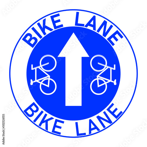 Round blue bike lane sign with directional arrow and two bicycles. Sticker. 