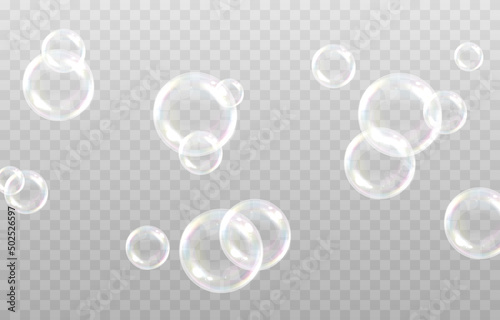 Vector soap bubble. Realistic soap bubble png, glare. Foam bubbles png. Powder, soap, detergent. Vector image. photo