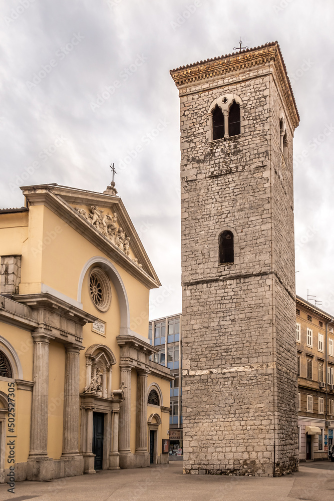 View at the Church of Assumption of Blessed Virgin Mary with Leaning tower in the streets of Rijeka - Croatia