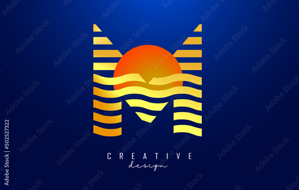 Letter M logo design with golden lines and red half circle. Vector ...