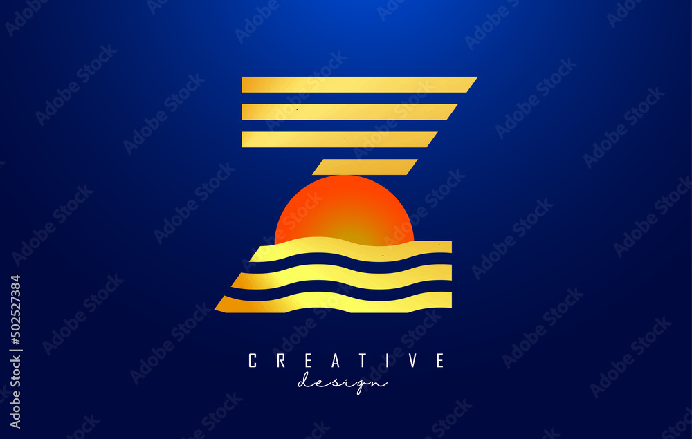 Fototapeta premium Letter Z logo design with golden lines and red half circle. Vector illustration with wavy and sunset lines on a dark blue background.