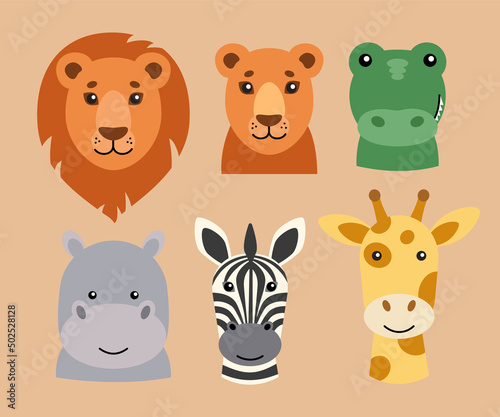 Cute African animals. Set of portraits of predators and herbivores savanna  lion  lioness  crocodile or alligator  hippopotamus  zebra and giraffe. Vector illustration in a flat style.