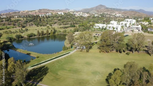 Aerial view of luxury resort villas in Marbella Spain. Panoramic landscape