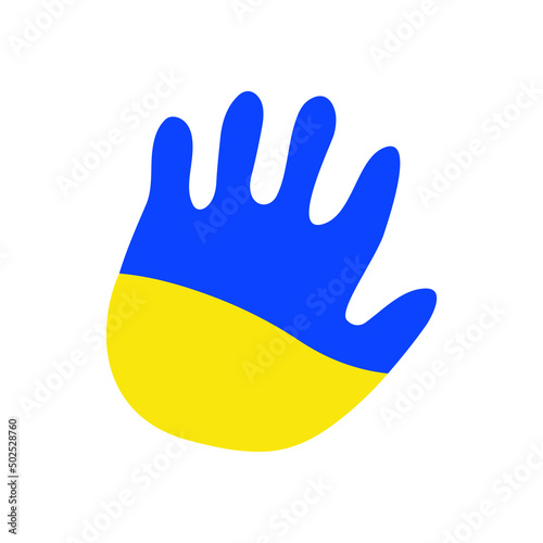 Hand shape with Ukrainian flag colors. Support Ukraine, help refugees. Vector flat illustration isolated on white background.