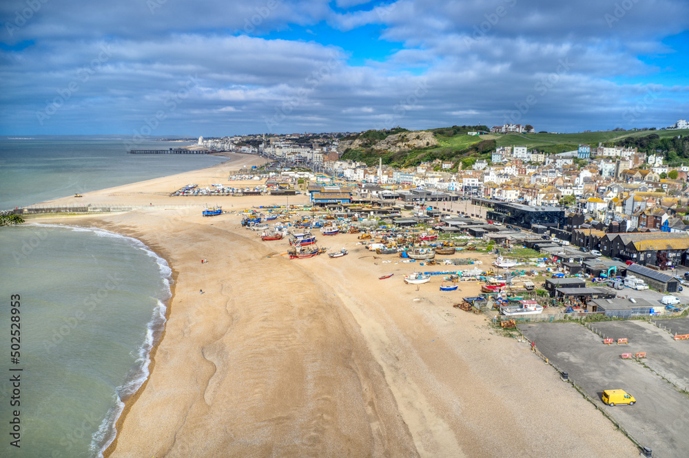 Aerial photo along Hastings Beach towards the fishing boats and equipment on Stade Beach.