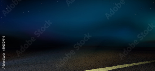 Blurry outdoor asphalt background. Night road and light headlights, highway under the open starry sky. Vector