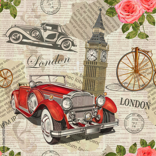 Photography Seamless London travel wallpaper.Vintage newspaper background.
