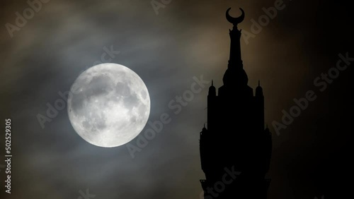 Makkah Clock Tower: Time Lapse by Night with Full Moon, Mecca, Saudi Arabia photo