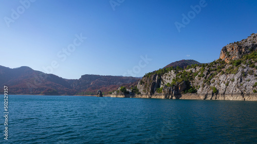 Stone cliffs at Oymapinar Dam in Green Canyon in Turkey