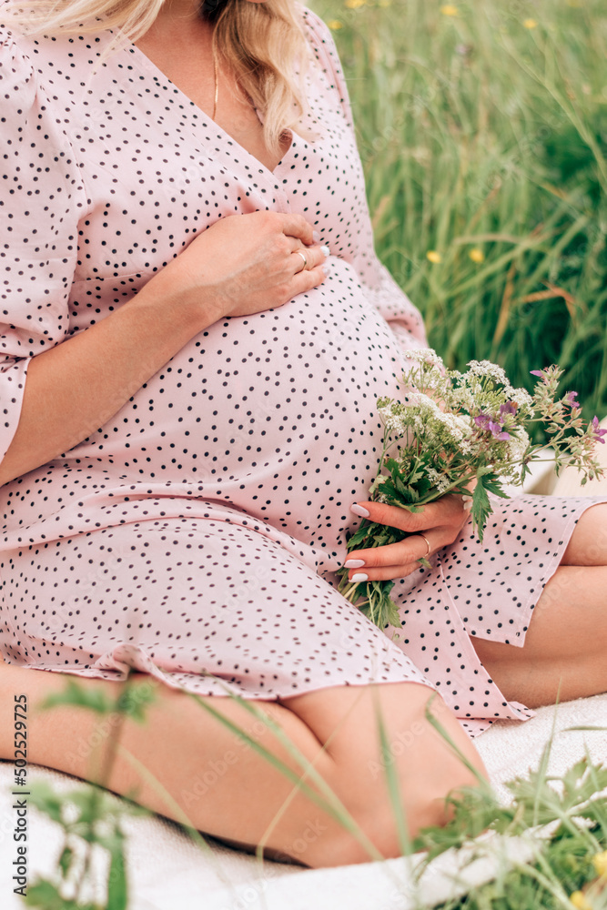Obraz premium Close-up of a pregnant woman in a pink dress sitting in a meadow on a summer day.Summer,pregnancy and prenatal care concept.