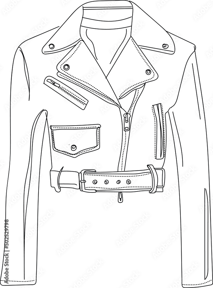 Outline sketch drawing of woman leather jacket, Cloth illustration