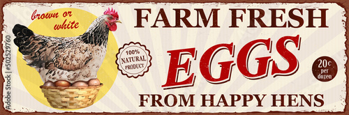 Vintage Farm Fresh Eggs metal sign.Retro poster 1950s style.