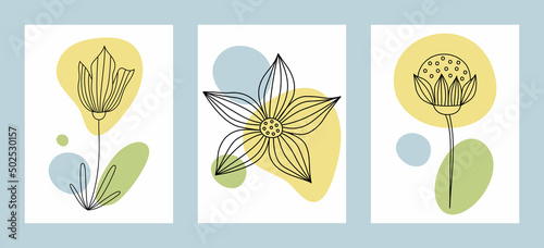 Set of posters with flowers in the style of line art with spots