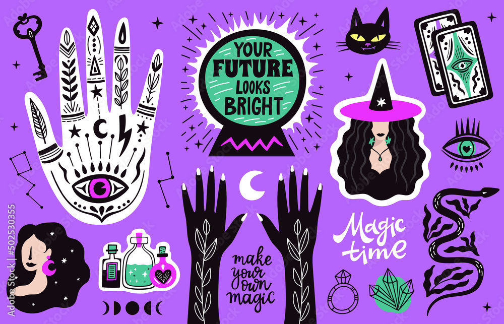 Magical doodle witch illustration icon set