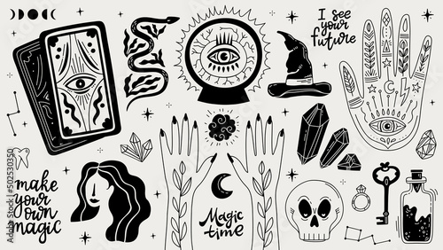 Magical doodle witch illustration icon set