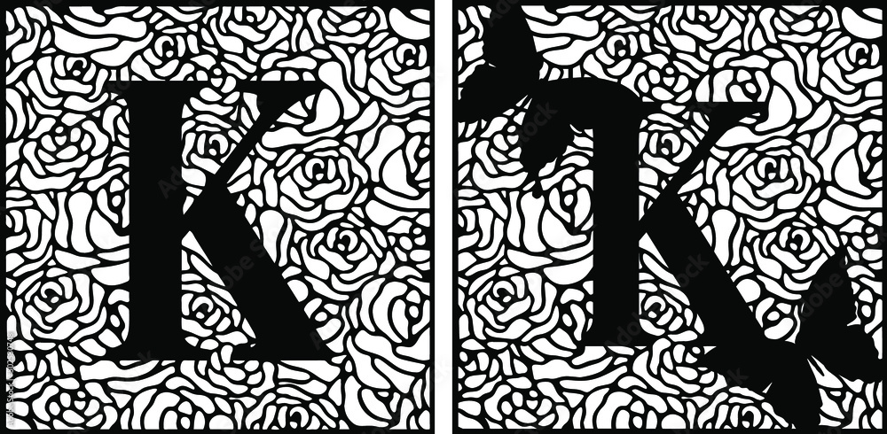 Fototapeta premium Latin letter K on rose pattern with butterflies. Summer cut file on white background