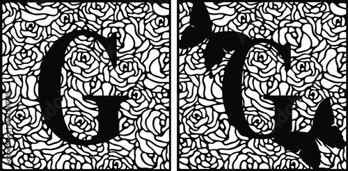 Latin letter G on rose pattern with butterflies. Summer cut file on white background