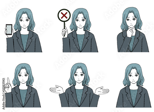 ビジネスウーマンの上半身の、マンガタッチ風手描きアイコンセット（困った表情）
