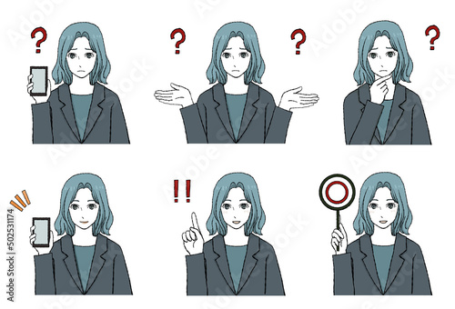ビジネスウーマンの上半身の、マンガタッチ風手描きアイコンセット（笑顔・困った表情）