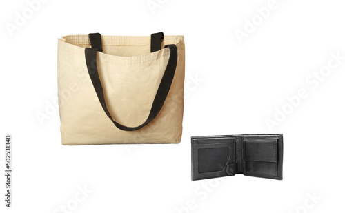 shopping bag and leather wallet. Shopping concept