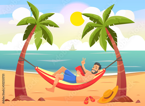 Young happy caucasian white man relaxing on the beach in a hammock under the palm trees.