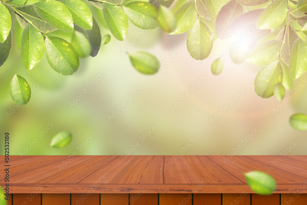 Blank wooden table with green leaves with sunlight lens flare against the backdrop of lush green bokeh in the garden. Product display ready for set. Blank wooden table with green leaves with sunlight lens flare against the backdrop of lush green bokeh in the garden. Product display ready for set.