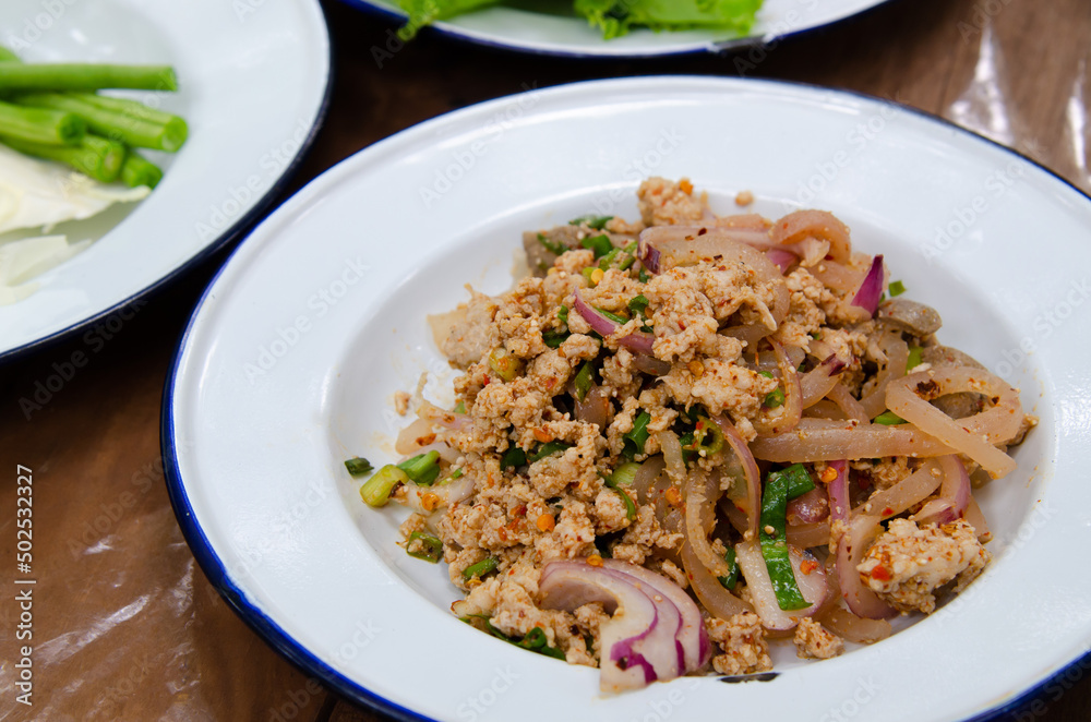 Spicy minced pork, Thailand homemade and street food menu. Called Larb Moo. It has a sour, salty, and spicy taste.