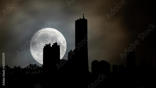 Yeouido Island Skyline, Time Lapse by Night with Full Moon, Yeongdeungpo-gu, Seoul, South Korea photo