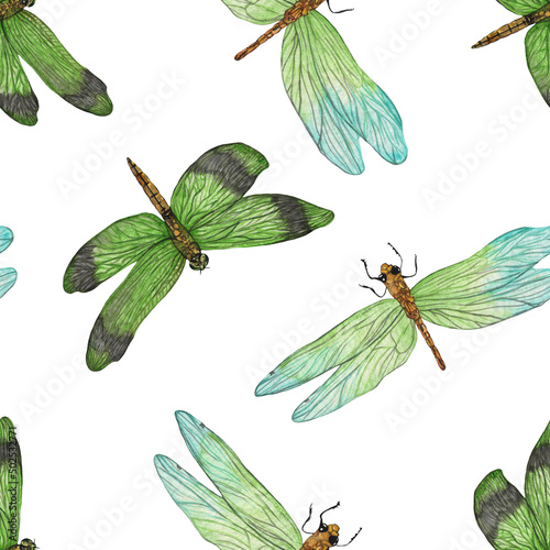 Dragonfly pattern in watercolor technique.Hand-drawn dragonfly stylish print for your design.