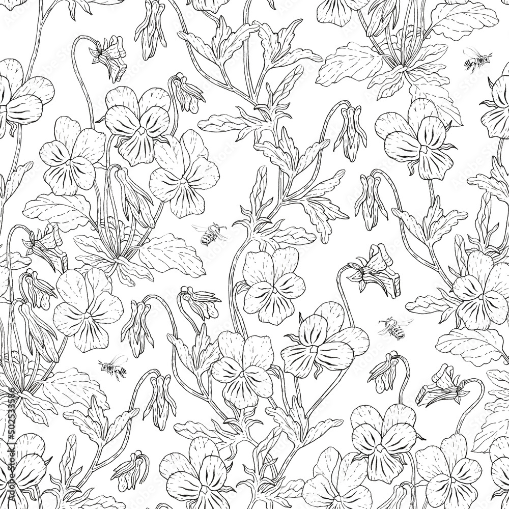 Seamless pattern of isolated images of violet tricolor and bees on a white background. Drawing with a capillary pen.