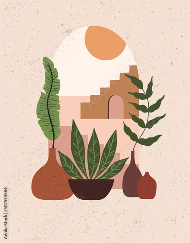 Composition of Houseplants in the interior in flowerpots and vases. Landscape with desert, house and stairs	