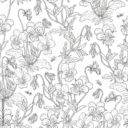 Seamless pattern of isolated images of violet tricolor and bees on a white background. Drawing with a capillary pen.