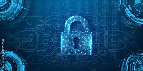 Cybersecurity and information or network protection.  Technological background, with futuristic circles and falling numbers, a chip in a beautiful blue style. Future cyber technology web services