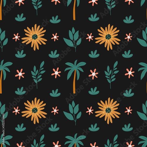 Seamless pattern with a cute floral print on a black background. For the design of wallpapers  textiles  wrapping paper  clothes  t-shirts  pillows  bags.