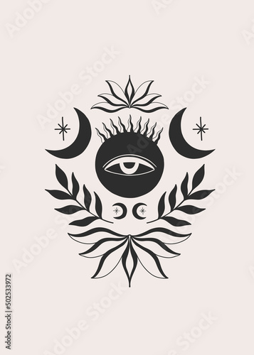 Mystic aesthetic witch mage composition print. Hand draw black color.Esoteric sign alchemy.