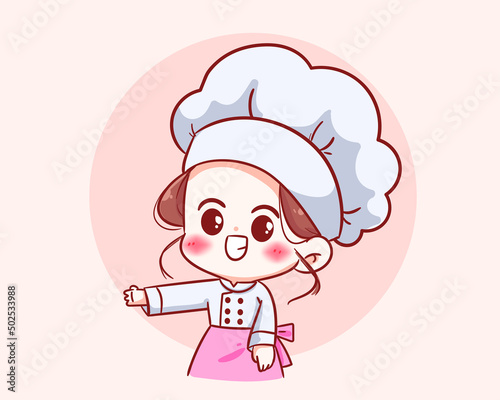 Cute chef girl in uniform character welcome to food restaurant logo cartoon art illustration