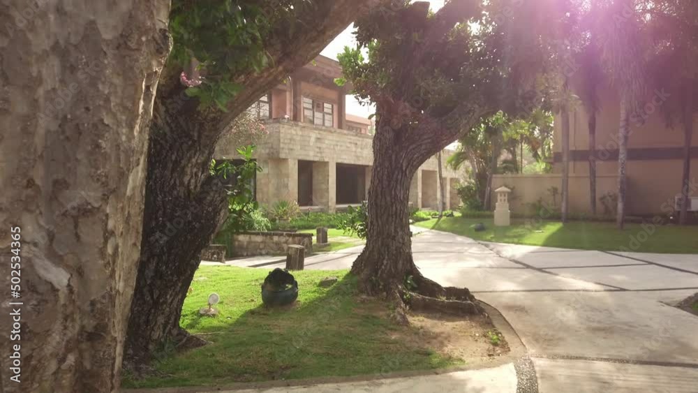 Modern garden with empty nature stone wall ,There is a wooden walk way. Green lawn, big trees provide shade. Garden path in resort with warm light and trees on side at evening, Garden Decoration. Bali