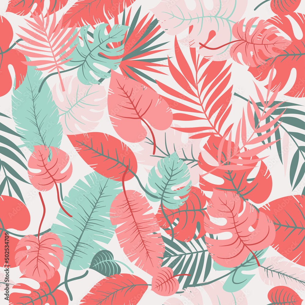 Monstera and palm leaves. Seamless vector green, coral, beige tropic leaves jungle plant pattern in layers. Suitable for fashion wallpaper, wrapping, and background.