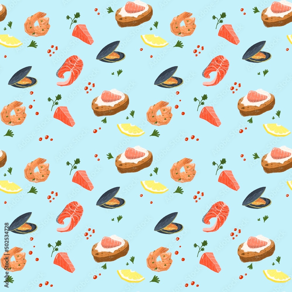 A pattern with the image of seafood. You can use it to print on wrapping paper or according to your choice A pattern with the image of seafood. You can use it to print on wrapping paper or according to your choice