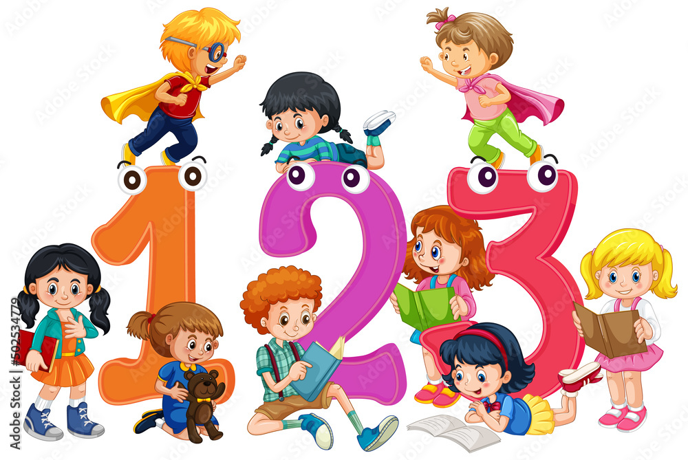 A children are playing and reading books in scene with Number on white background