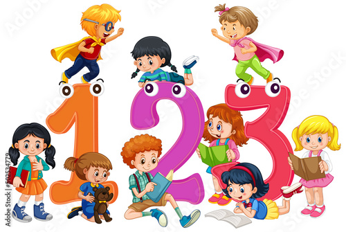 A children are playing and reading books in scene with Number on white background