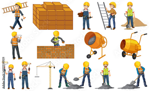 Set of construction site objects and workers