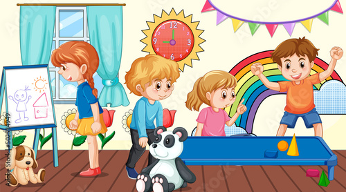 Kindergarten classroom scene with children