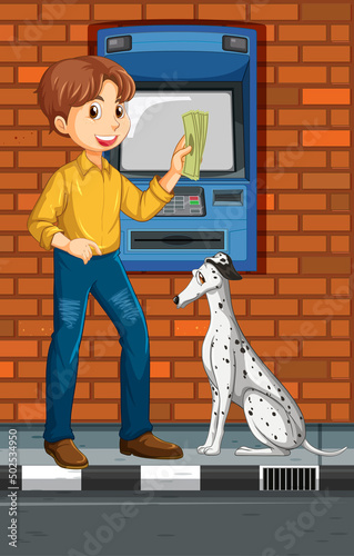 ATM on street scene with a man withdraw money